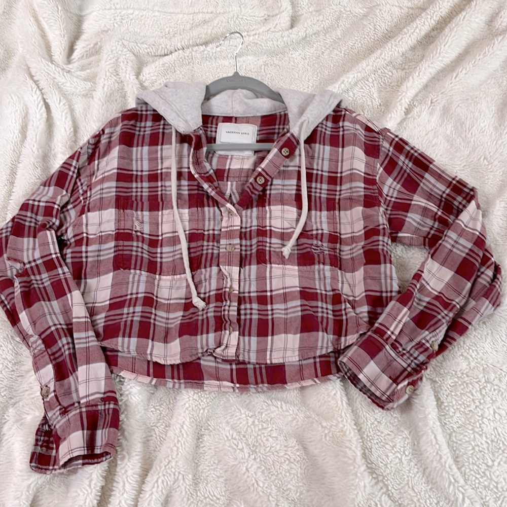 AE Cropped Distressed Button-up Flannel with Hood